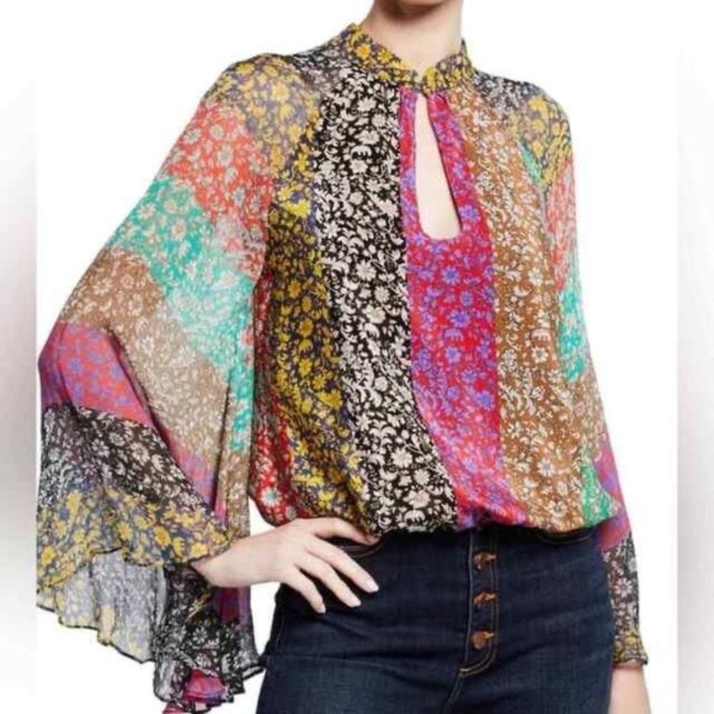 Alice & Olivia Patchwork Boho Prija Flare Long Sleeve Blouse Mandarin Collar M